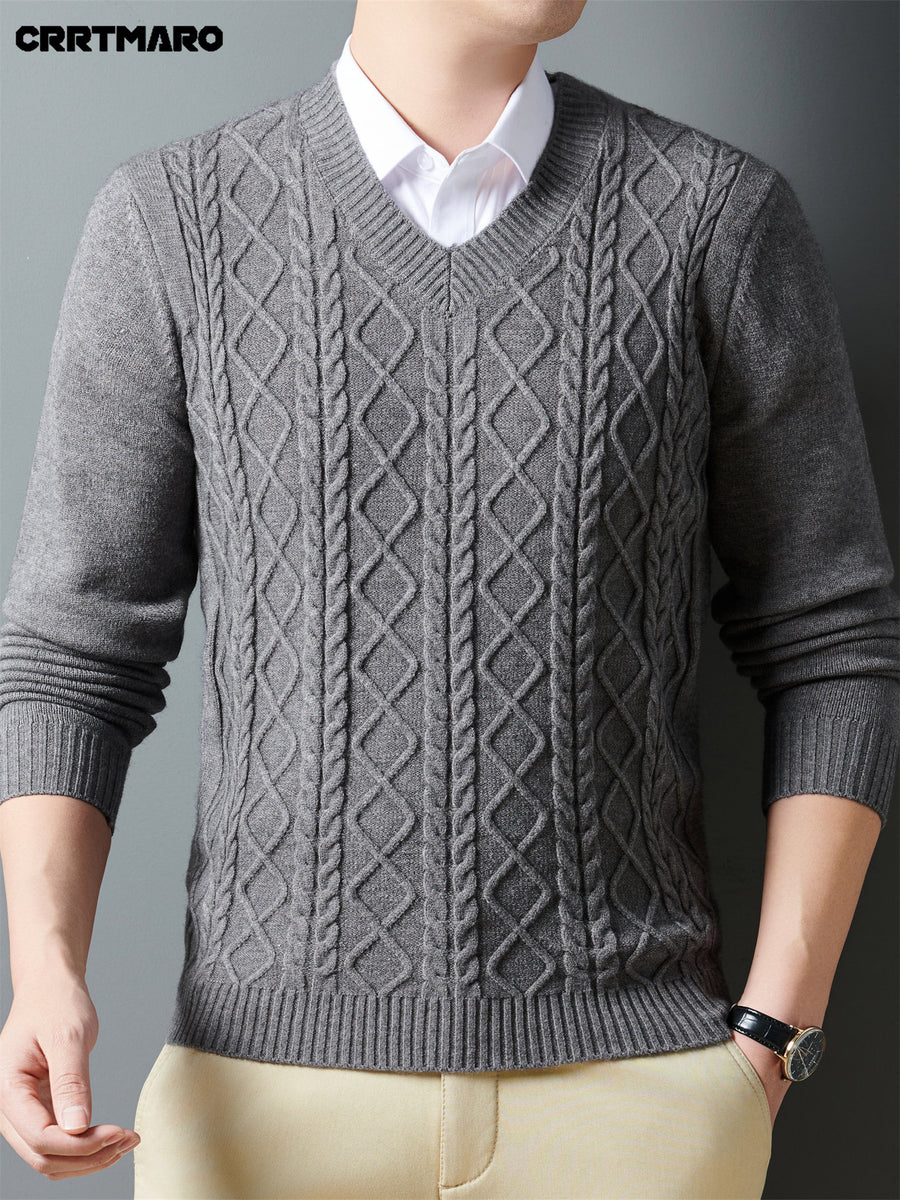 Cartama CRRTMARO Autumn/Winter Knitted 3D Solid Color V-Neck Sweater, Basic Thickened Pullover, Men's Fashion Knitwear Long Sleeve HH - Light Grey