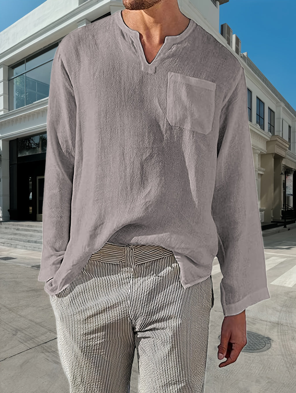 long-sleeved shirt Men's solid color V-neck casual shirt Men's gentle beach Hawaiian pullover breathable comfortable shirt - Light Grey