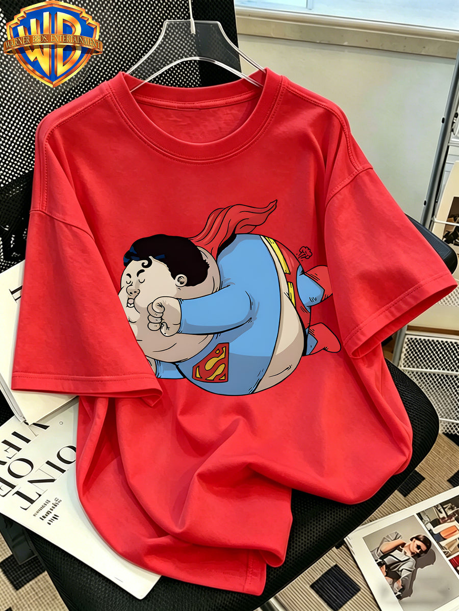 Warner Bros. Official Classic Chubby Superman Flying Print T-Shirt, Men'S 100% Casual Comfortable Multi-Functional Loose Summer Short Sleeve T-Shirt, Suitable for Outdoor Wear - Red