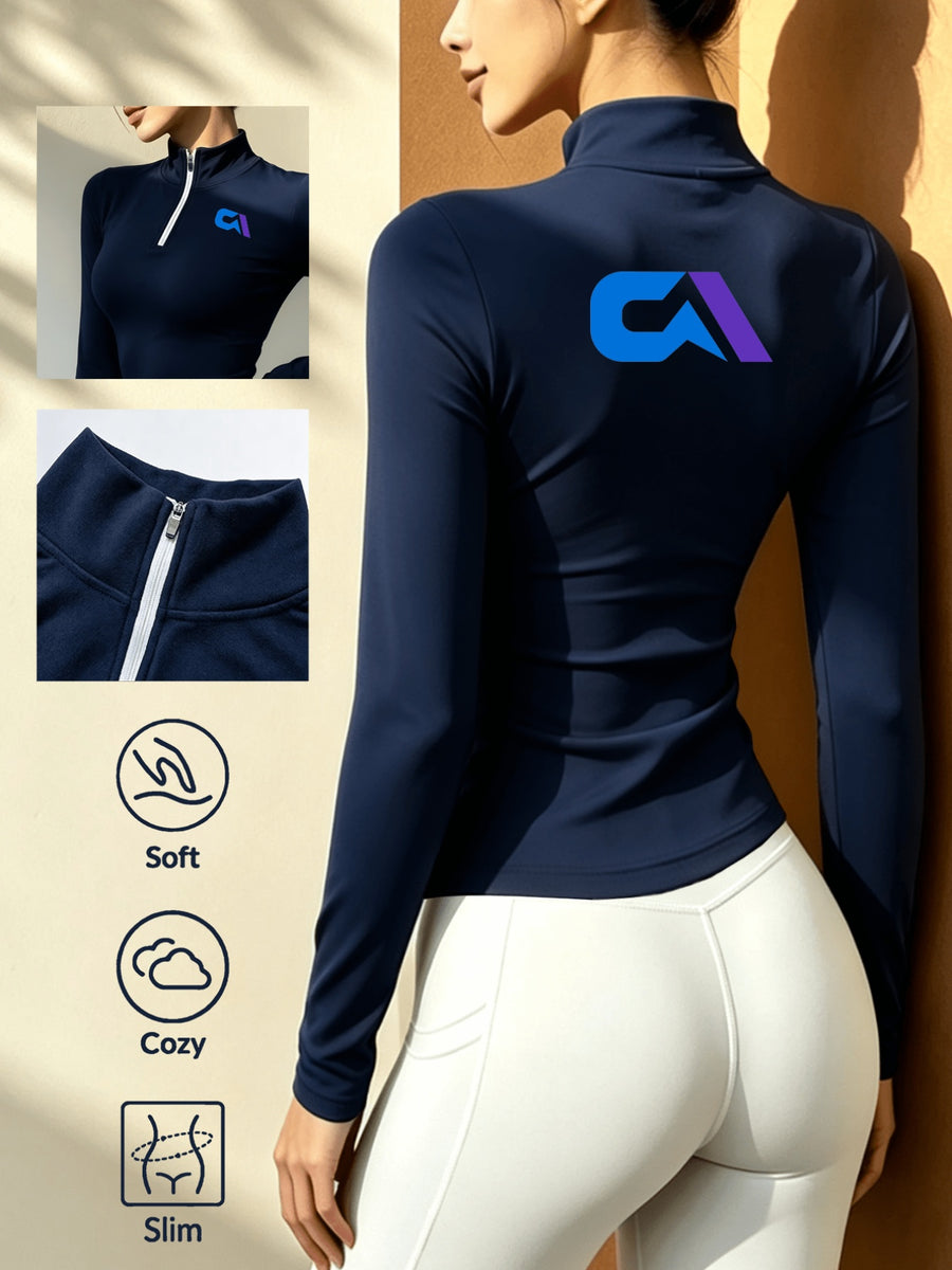 Women'S Solid Color Half-Zipper Long Sleeve Top, Waist-Cinching Warm T-Shirt - Royal Blue