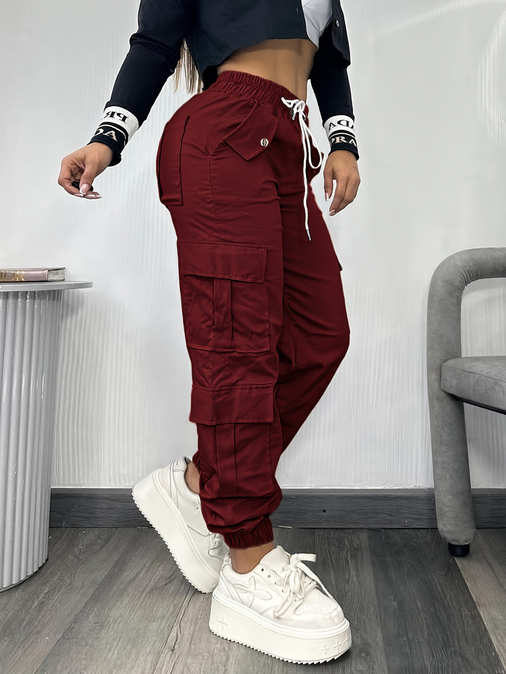 Christmas, Women'S Casual Drawstring Elastic Waist Jogger Pants, Minimalist Design Y2K Street Style Multiple Pockets Spring/Summer - Burgundy