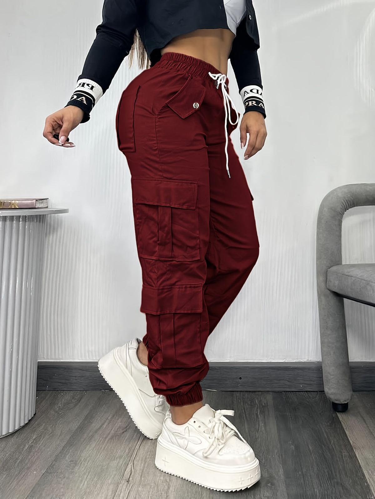 Christmas, Women'S Casual Drawstring Elastic Waist Jogger Pants, Minimalist Design Y2K Street Style Multiple Pockets Spring/Summer - Burgundy