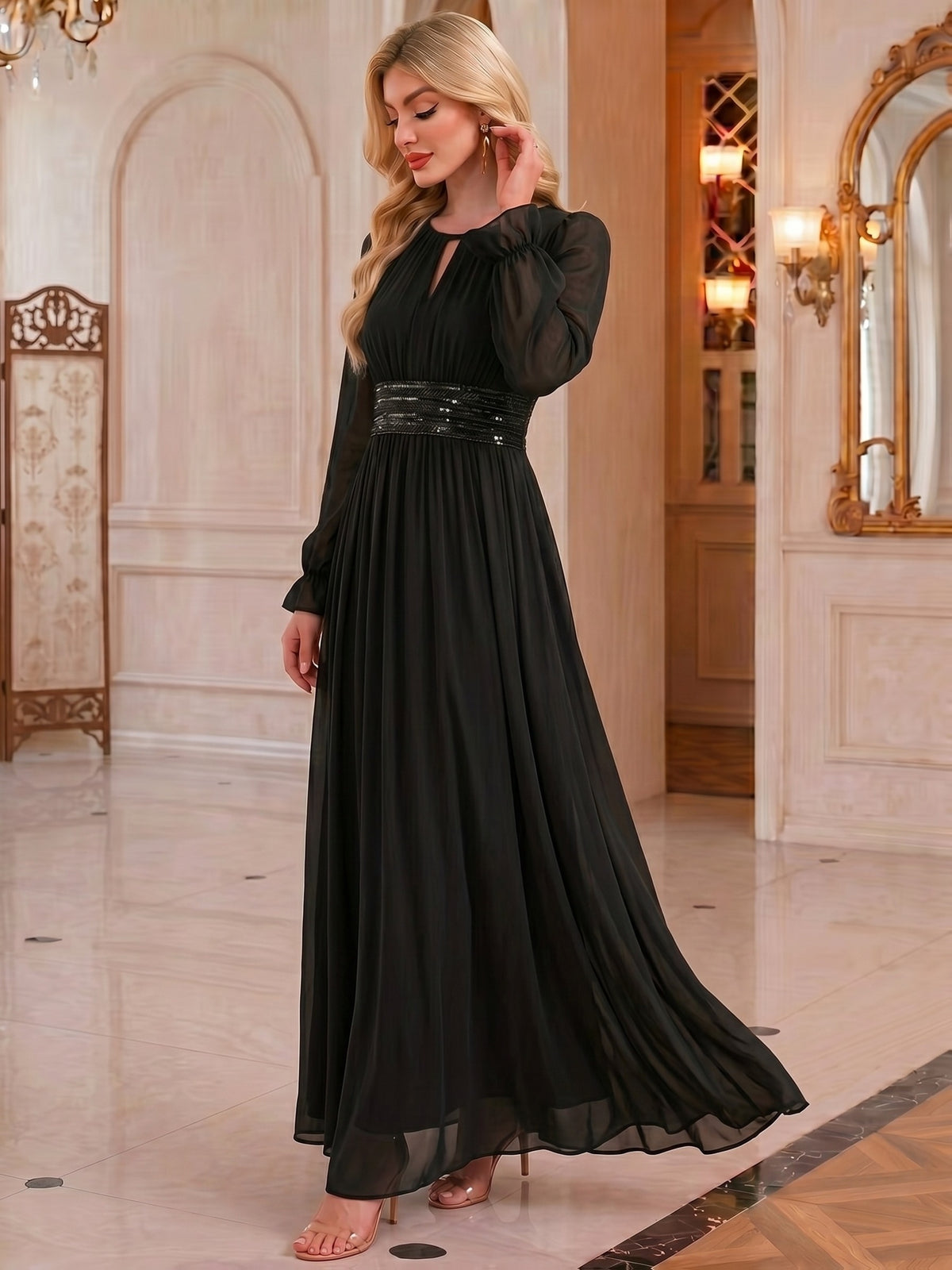 Fashionable Elegant Party Dress, Bridesmaid Dress, Sequined Ruffled Waist, Graceful And Elegant, Suitable for Weddings, Holidays, Afternoon Tea, Valentine'S Day, Wedding Parties - Black