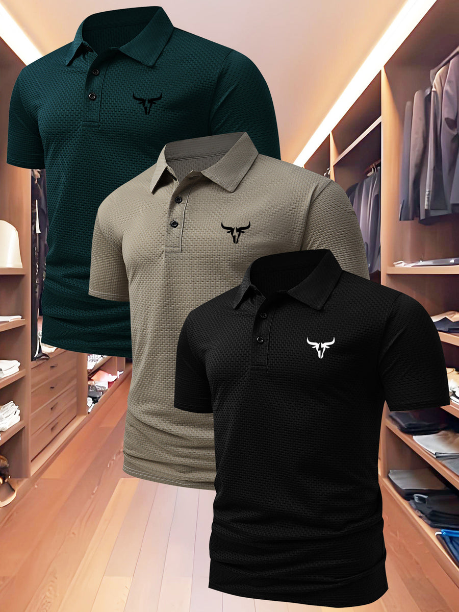 3pcs Value Pc, Summer Short-sleeve Polo Shirt! New Jacquard Fabric, Quick-drying, Lightweight and Breathable, Easy to Wash and Dry Quickly. Men's Color-blocked Cool and Comfortable Polo Shirt with Lapel, for Sports and Casual Wear. Men's Short-sleeve - Green Card Black