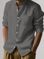 Spring New Men'S Linen Mandarin Collar Long Sleeve Shirt, Neo-Chinese Minimalist Style, Breathable Linen Fabric, Versatile Business Casual, Great Gift for Elders And Boyfriends, 1pc. Gift Box And Props Are for Decorative Purposes Solely - Grey