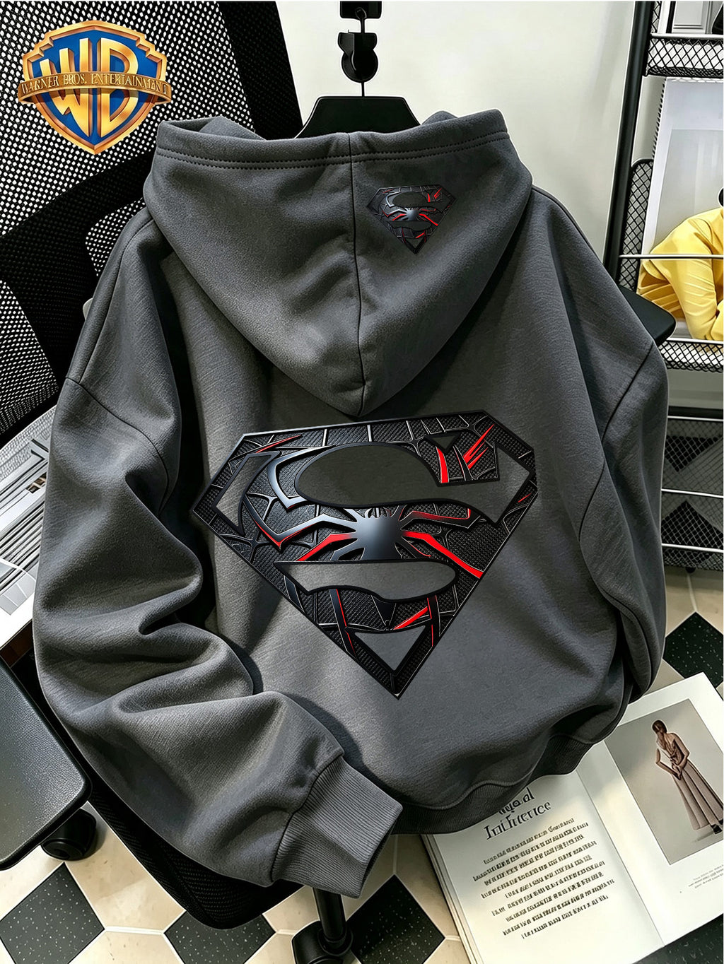 Warner Licensed Men'S Hooded Sweatshirt, Superhero Classic Logo Print Design, Double-Sided Pattern Trendy Street Style, Fashionable All-Match Casual Essential - Dark Gray