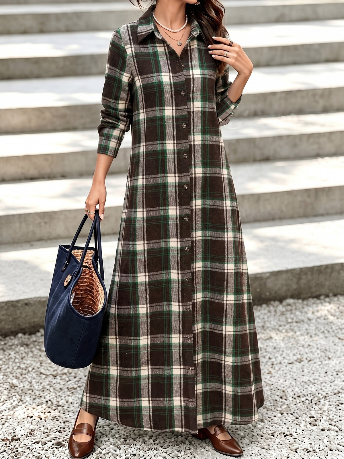 Women'S Vintage Plaid Jacquard Shirt Dress, British Style Casual Long Dress, Thin Long Coat - Green & Brown