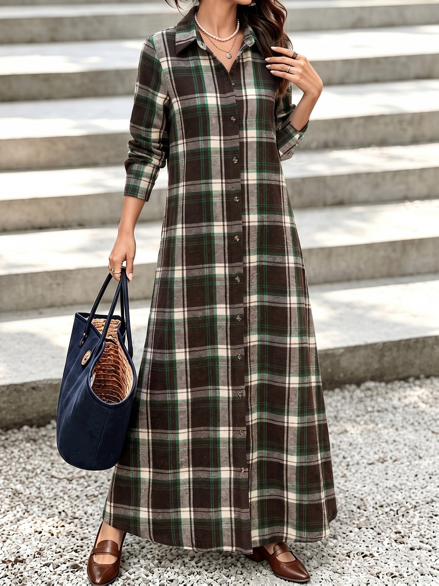 Women'S Vintage Plaid Jacquard Shirt Dress, British Style Casual Long Dress, Thin Long Coat - Green & Brown