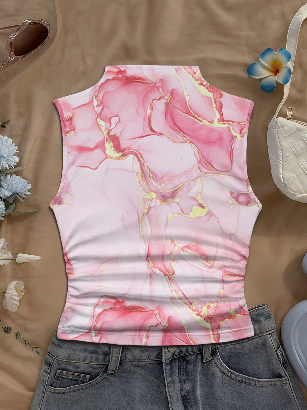 Women's Spring/Summer New Arrival Special Vintage Daily Casual Print Mock Neck Sleeveless Fitted Tank Top - Pink