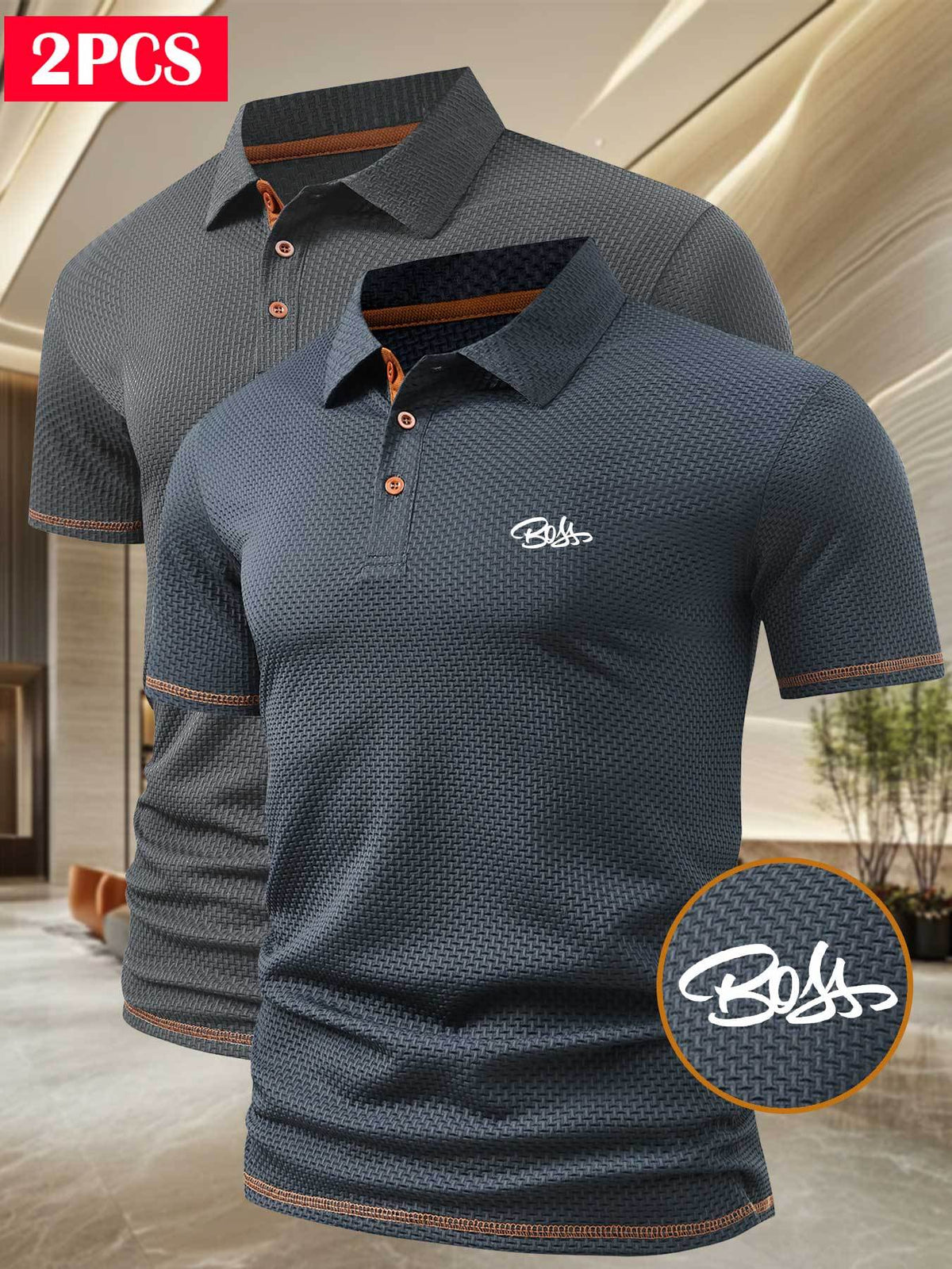 A06-1576BOSS Men's 2pcs Waffle Knit Textured Short-Sleeve Polo Shirt, Three-Dimensional Breathable Non-Deforming T-Shirt, Summer Business Casual Versatile Durable Men's Top, Multiple Colors Available - Gray Blue