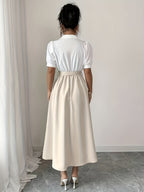 Elegant Romantic Vacation Commute Business Color Block Shirt Collar Mid-Length Dress - Apricot