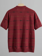 Men'S Contrast Narrow Stripe V-Neck Polo Knit Short Sleeve Summer Ice Fiber Fabric Slim Fit Breathable Top, Lightly Mature Commuter Textured Lapel Base Layer, Easy Versatile Casual Men'S Knit Polo Shirt - Burgundy