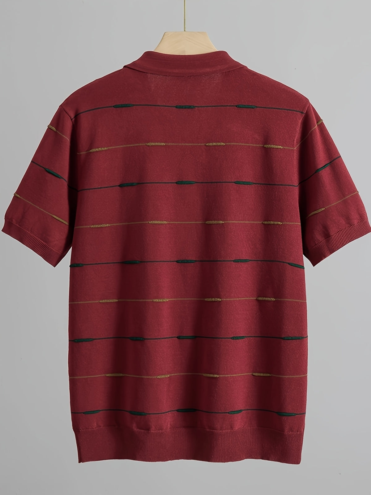 Men'S Contrast Narrow Stripe V-Neck Polo Knit Short Sleeve Summer Ice Fiber Fabric Slim Fit Breathable Top, Lightly Mature Commuter Textured Lapel Base Layer, Easy Versatile Casual Men'S Knit Polo Shirt - Burgundy