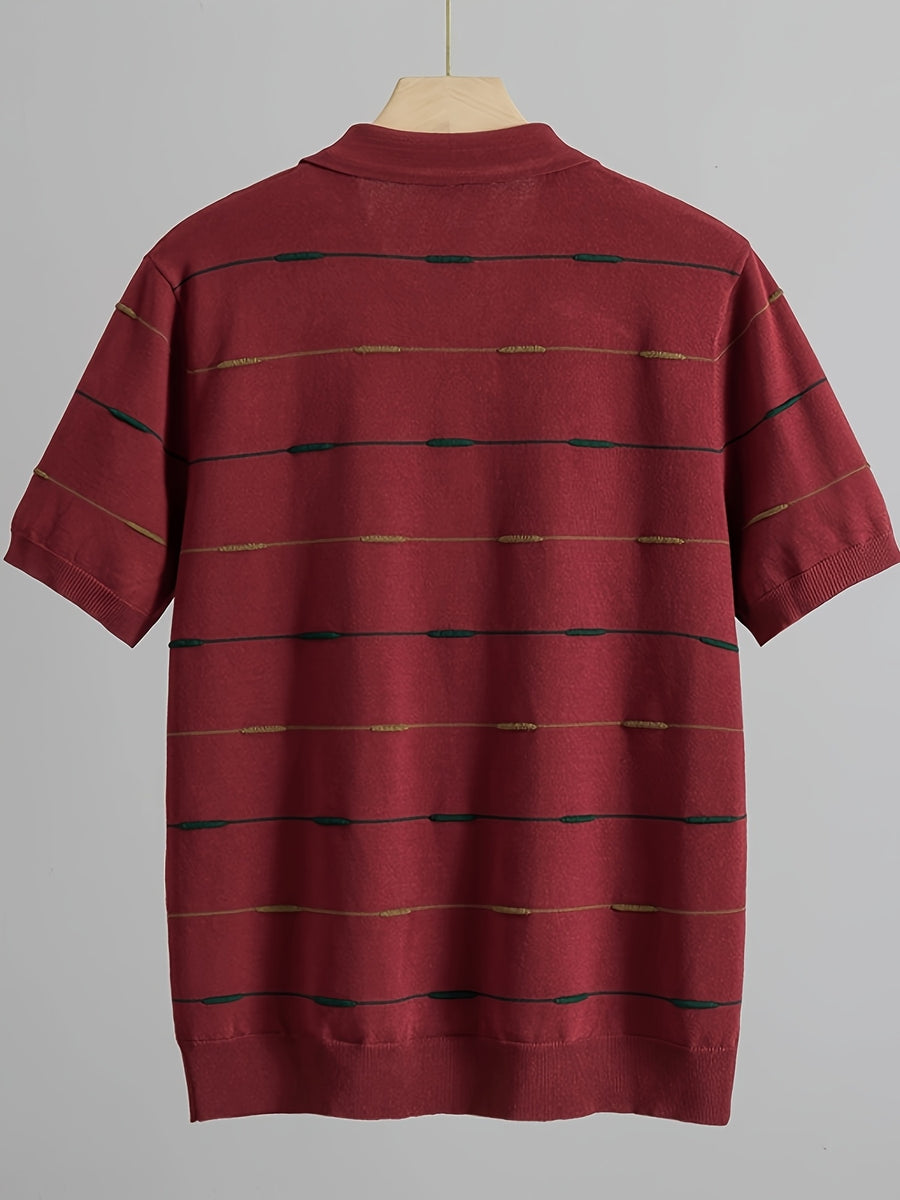 Men'S Contrast Narrow Stripe V-Neck Polo Knit Short Sleeve Summer Ice Fiber Fabric Slim Fit Breathable Top, Lightly Mature Commuter Textured Lapel Base Layer, Easy Versatile Casual Men'S Knit Polo Shirt - Burgundy