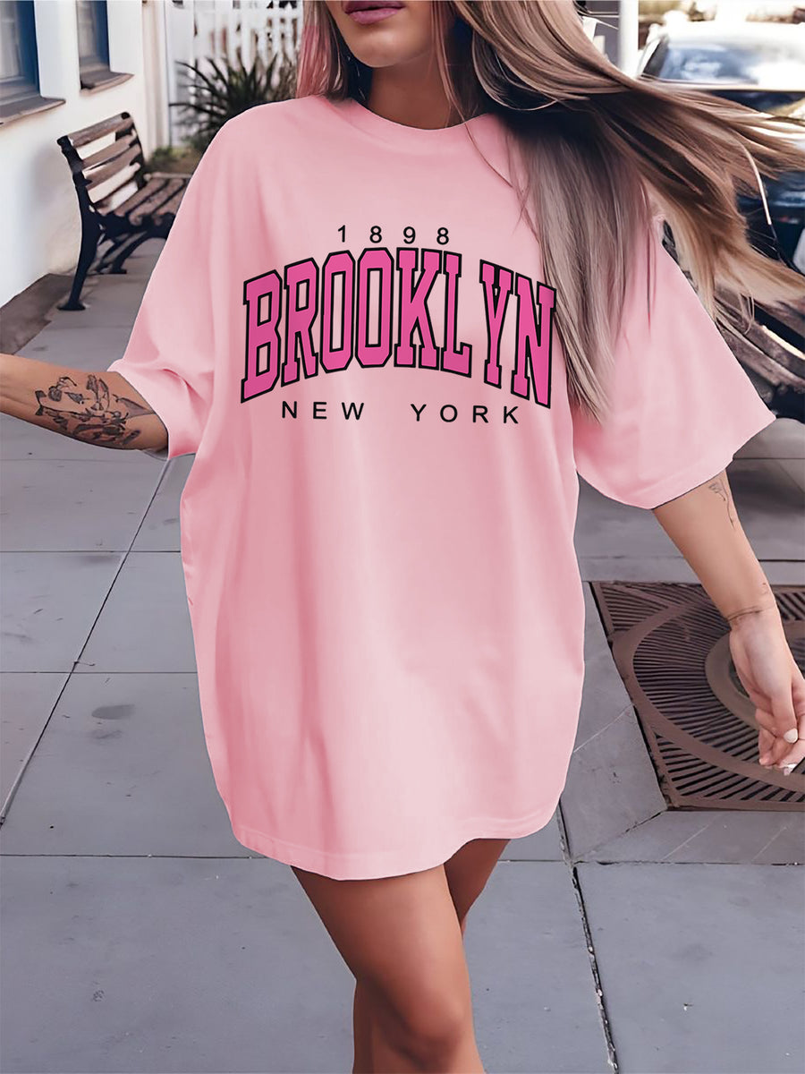 Graphic Print Drop Shoulder T-Shirt, Short Sleeve Crew Neck Casual Top for Spring & Summer, Women'S Clothing - pink color