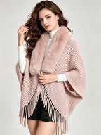 Women'S Cardigan, Autumn Winter Fashion Faux Tassel Cape Scarf Jacket - Lightweight Warm Outerwear for Parties, Office, Casual Wear - Elegant Autumnal Accessory, Trendy Scarf, Office Essential, Holiday Gift - Pink Color