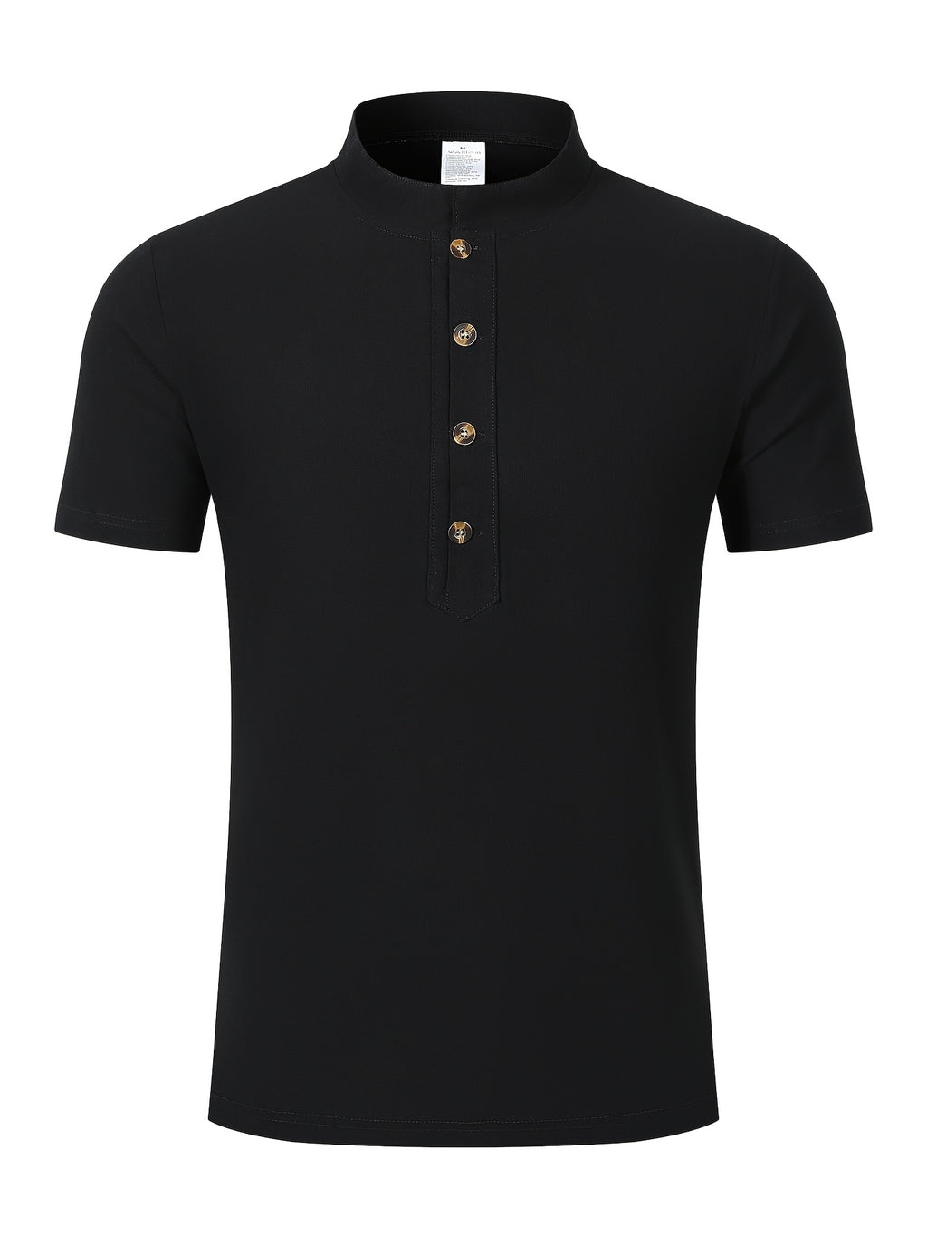 New Men's Cotton-Cotton And Linen Blend Blend Stand Collar Henley Short Sleeve T-Shirt, Half-Open Placket Button Casual Breathable Lightweight Summer Beach Top - Black