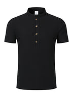 New Men's Cotton-Cotton And Linen Blend Blend Stand Collar Henley Short Sleeve T-Shirt, Half-Open Placket Button Casual Breathable Lightweight Summer Beach Top - Black