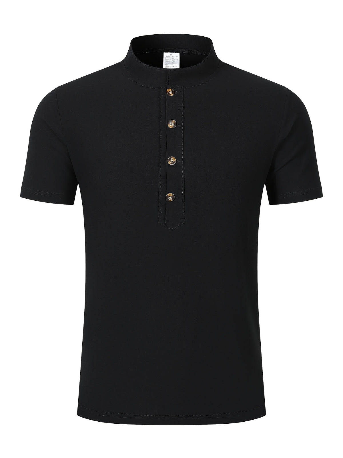 New Men's Cotton-Cotton And Linen Blend Blend Stand Collar Henley Short Sleeve T-Shirt, Half-Open Placket Button Casual Breathable Lightweight Summer Beach Top - Black