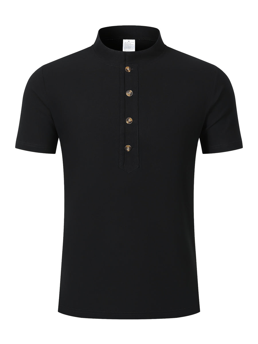 New Men's Cotton-Cotton And Linen Blend Blend Stand Collar Henley Short Sleeve T-Shirt, Half-Open Placket Button Casual Breathable Lightweight Summer Beach Top - Black
