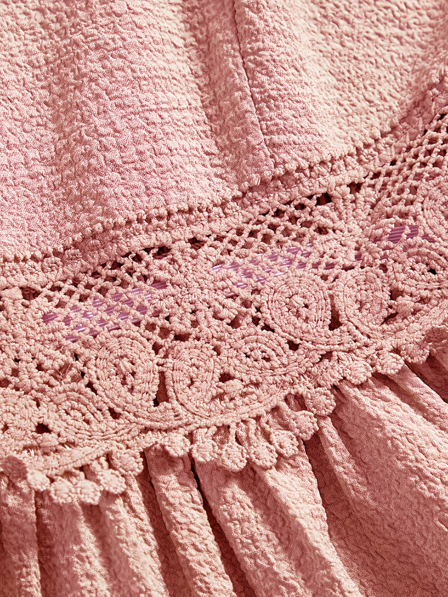 Elegant V-neck Lace-Trimmed Strap Dress | Solid Color, Contrast Lace Details, Suitable for Spring/Summer/Fall, for Adults - Pink
