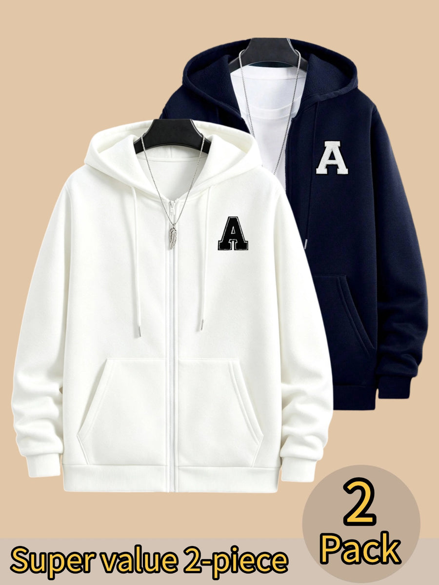 50% Cotton, 50% Polyester, 2-Pack Men's Zippered Hooded Fleece-Lined Sweatshirt, Men's Clothing, Long-Sleeve Fleece Jacket, Zippered Top, Hooded Sweatshirt, Pockets, Drawstring, Suitable for Outings, Casual Wear, Back-to-School Season - White+Navy Blue