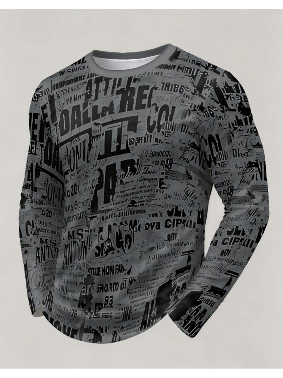 Men'S Fashion Long Sleeve T-Shirt, Black And White Abstract Text Collage Print, Casual Wear, Trendy Design, Comfortable Fit [Print Design - No Texture] - Mixed colors