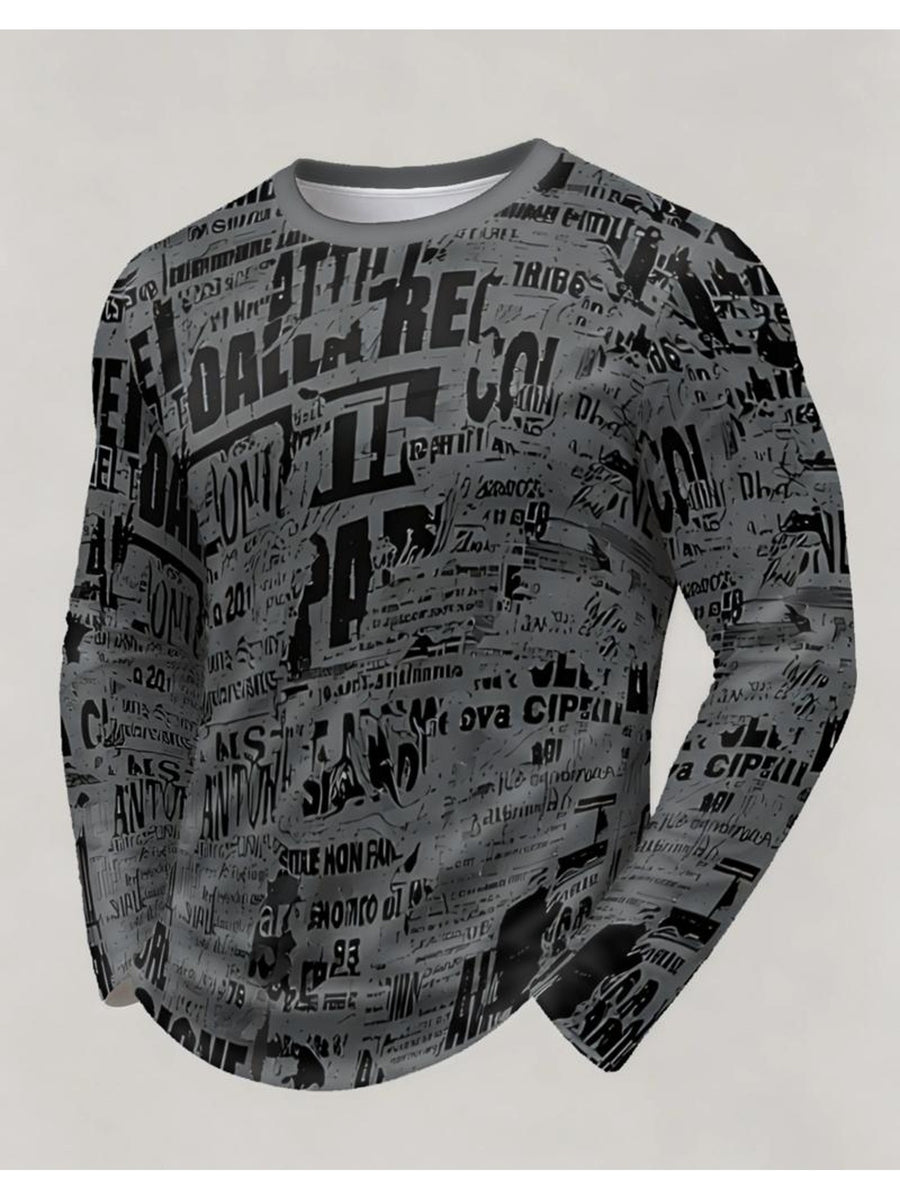 Men'S Fashion Long Sleeve T-Shirt, Black And White Abstract Text Collage Print, Casual Wear, Trendy Design, Comfortable Fit [Print Design - No Texture] - Mixed colors