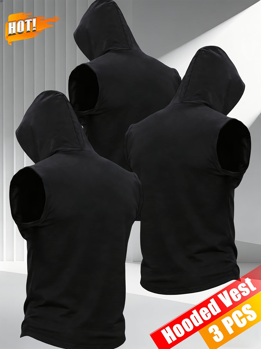 3pcs Men's Hooded Tank Tops, New Summer Style, Skin-Friendly and Breathable Fabric, Sleeveless Loose Fit for a Slimming Look, Versatile for Daily Fitness, Sports, and Streetwear, Essential for Men's Refreshing Summer Outfits - Black+Black+Black