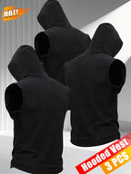 3pcs Men's Hooded Tank Tops, New Summer Style, Skin-Friendly and Breathable Fabric, Sleeveless Loose Fit for a Slimming Look, Versatile for Daily Fitness, Sports, and Streetwear, Essential for Men's Refreshing Summer Outfits - Black+Black+Black