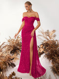 Sequined Henley Neckbone Pleated Waist Long Scarf Front Slit Backless Prom Party Dress - Rose Red