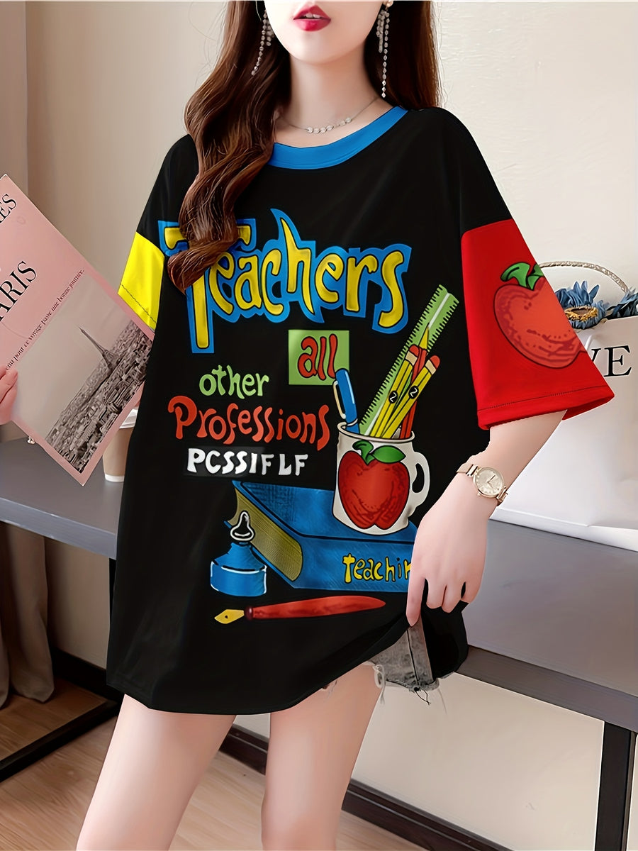 Women's Plus Size Cartoon Graphic T-Shirt - "Teachers Make a Big Impact" Design, Relaxed Fit Longline Top with Medium Stretch Fabric, Machine Washable Casual Tee for Spring Summer Fall, Casual Wear | Educational Motif | Nontransparent Material, Cute T - Black