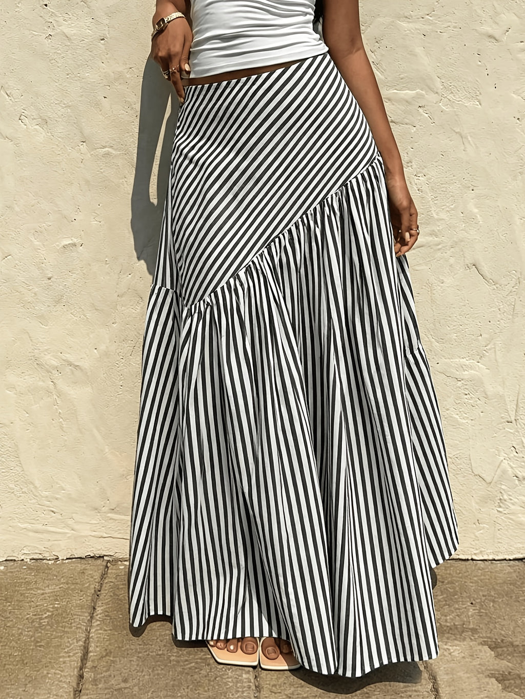 Elegant Women'S Spring Summer Autumn Winter All-Season Western Casual Bohemian Striped Flared A-Line Maxi Dress - Black And White Stripes