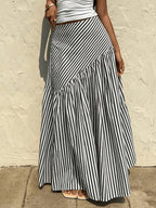 Elegant Women'S Spring Summer Autumn Winter All-Season Western Casual Bohemian Striped Flared A-Line Maxi Dress - Black And White Stripes
