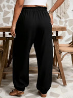 Plus Size - All Seasons Plus Size Beautiful Women'S Casual -Like Rubber High-Waist Scalloped Trim Tie-Pocket Women'S Long Pants, Casual Daily Versatile Vacation Holiday Style - Black