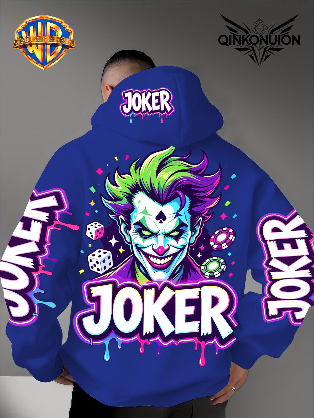 Warner Official Men'S Hoodie, Neon Clown Avatar Chess And Card Graffiti Trendy Print Design, Machine Washable, Warm And Casual for Autumn And Winter, Daily Drawstring Hoodie, Multi-Functional Sports And Leisure Loose Version - Blue