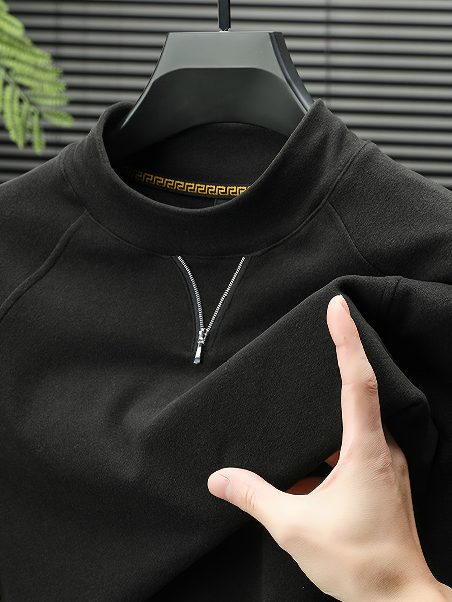 Men's Half-Turtleneck V-Neck Long-Sleeve Base Layer with Small Zipper, Understated and Mature, Seamlessly Transitions Between Business and Casual Settings - SINBOS - Black