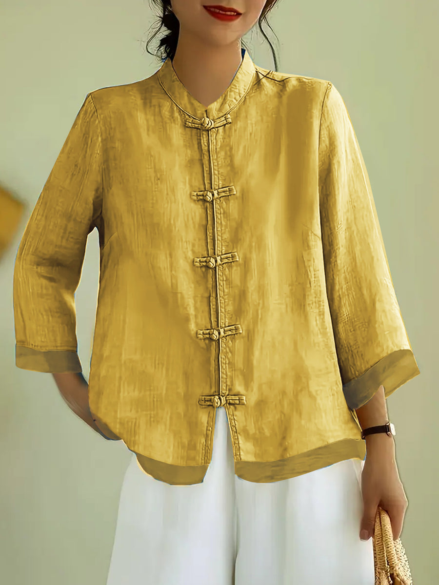Fashionable Vintage-Style Chinese Shirt with a Stand Collar, Featuring Button Closures And Mesh Panels, Designed for a Loose And Comfortable Fit for Women - Yellow