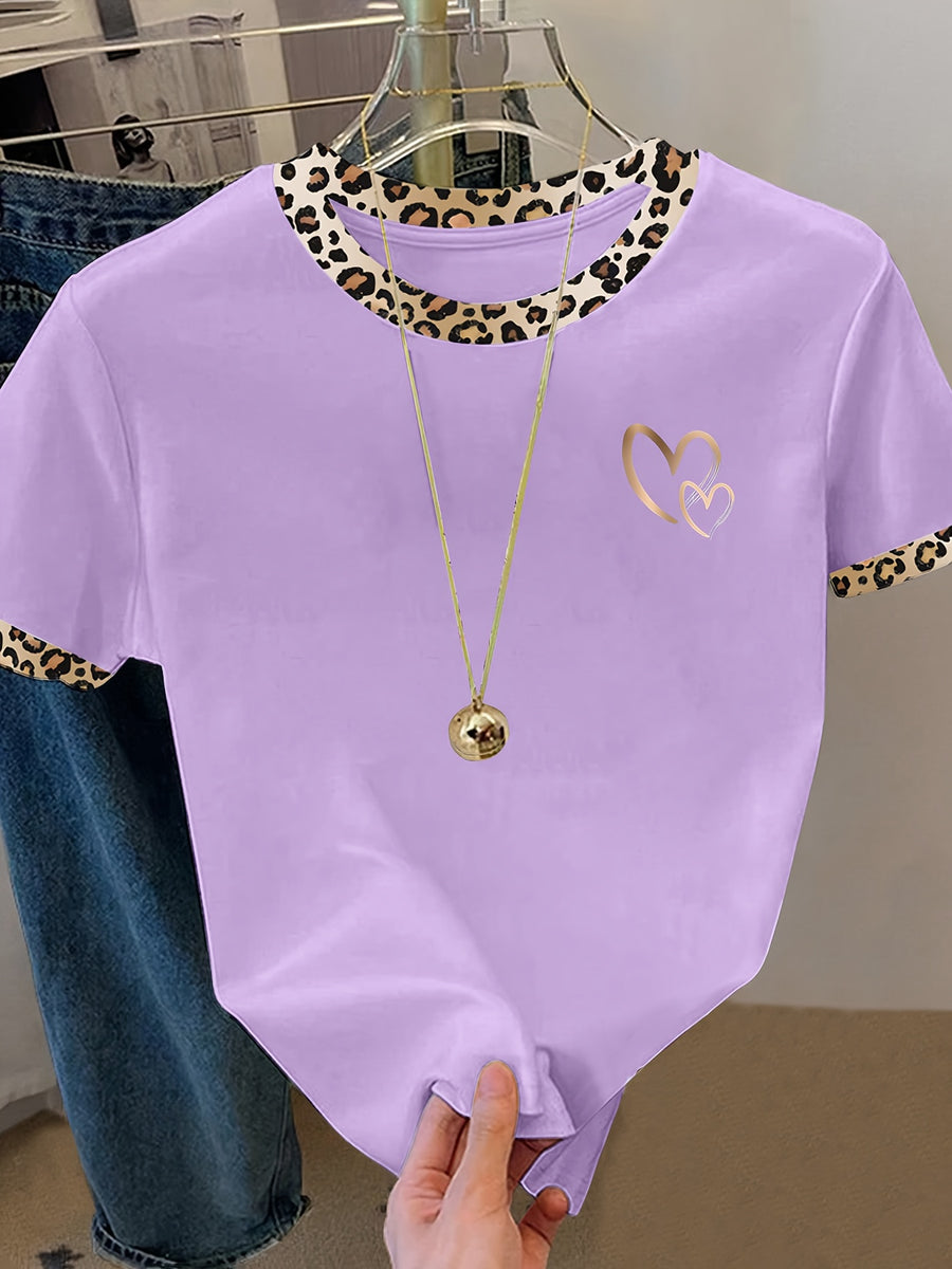 Women's Casual Short Sleeve Blouse T-Shirt Suitable for Spring Summer Fall - Heart Pattern Opaque Top, Machine Washable Daily Wear & Semi-Formal Outfits - Light Purple