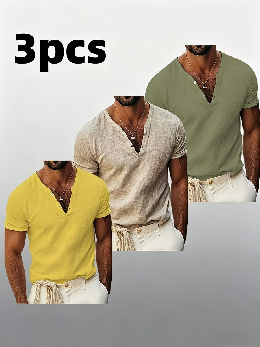 Men's V-Neck Short Sleeve T-Shirt 3pcs Set, Casual Slim Fit Solid Color Top, Summer Basic Men's Apparel, Ideal as a Beachwear Gift for Pool Parties and Beach Vacations - Yellow + Khaki + Green