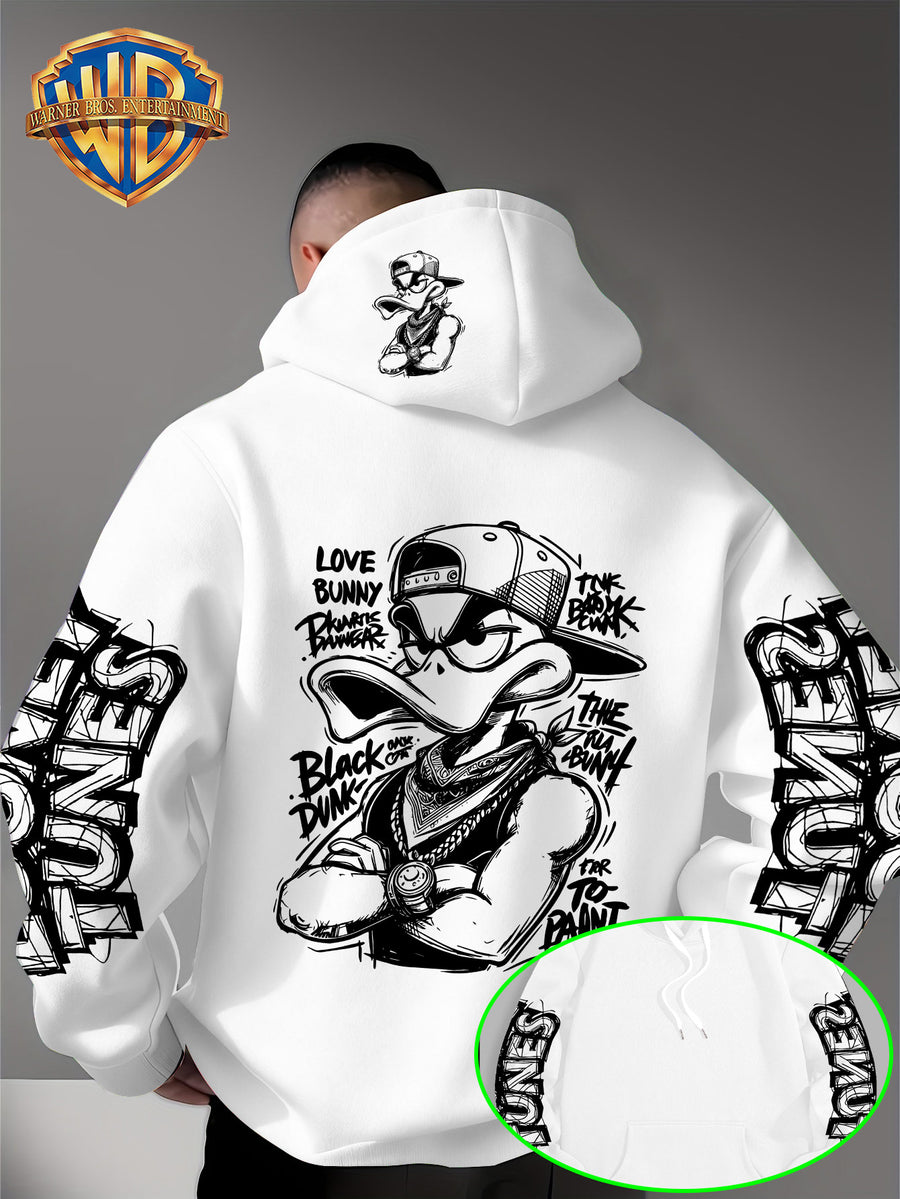 Dark Duffy Duck Pattern Print - Men'S Fashion Hoodie Sweatshirt, Trendy Sleeve Print Design, Suitable for Multi-Style Daily Wear Pullover, Soft And Delicate Touch, Helping You Be Comfortable And Stylish, Easily Mastered for Campus, Commuting - White