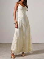 Mesh Embroidered Maxi Slip Dress Rehearsal Dinner Dress Summer Wedding Guest Dress Fall Wedding Guest Dress - White