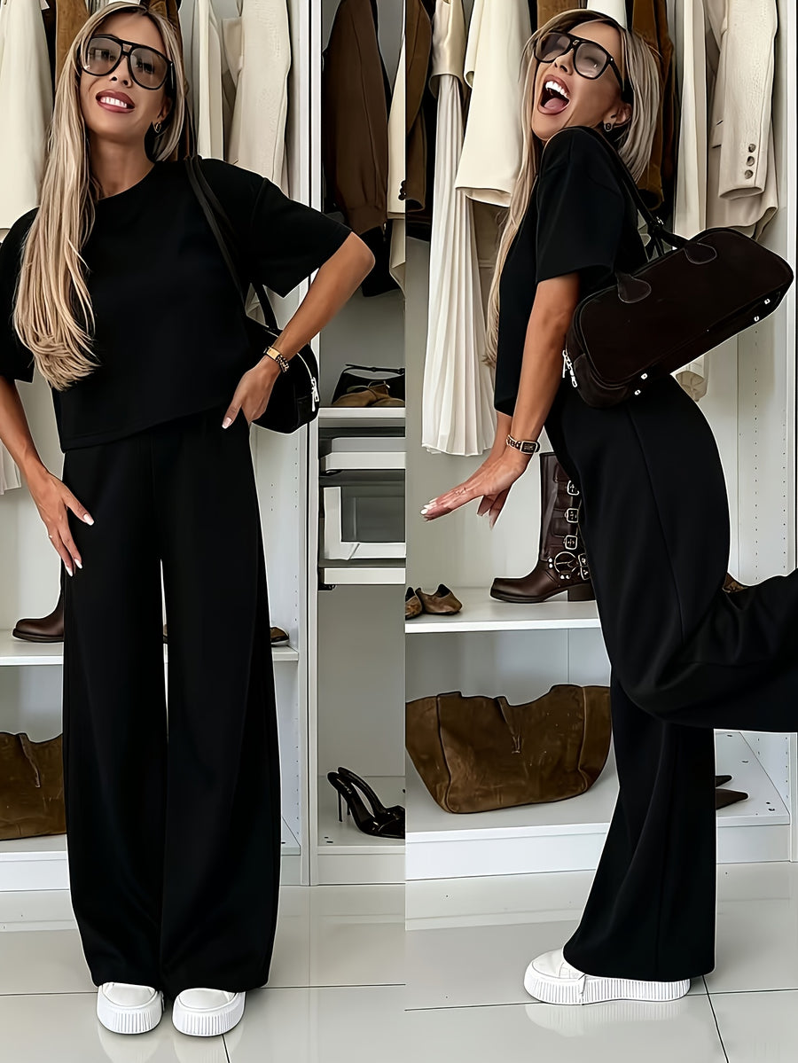 Women'S Suit Set, Air Mesh Fabric Relaxed Short Sleeve Wide-Leg Pants Set, Casual Wear - Black