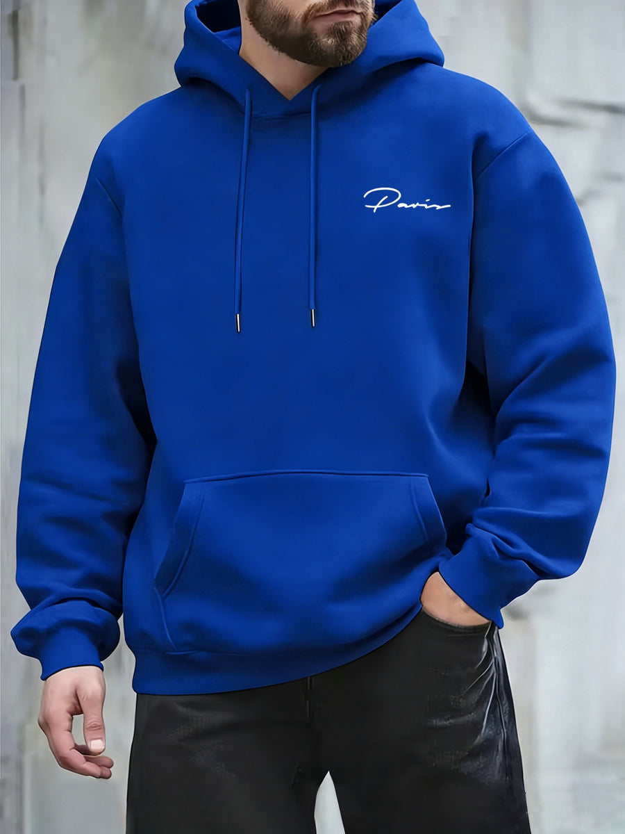 Retro Minimalist Cursive Small Print Men'S Hooded Sweatshirt Kangaroo Pocket Drawstring Hoodie Versatile Trendy Top - Blue