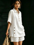 WY260406061) Women's Comfortable Loose-Fit Button-Up Shirt and Shorts Linen 2pcs Set - White
