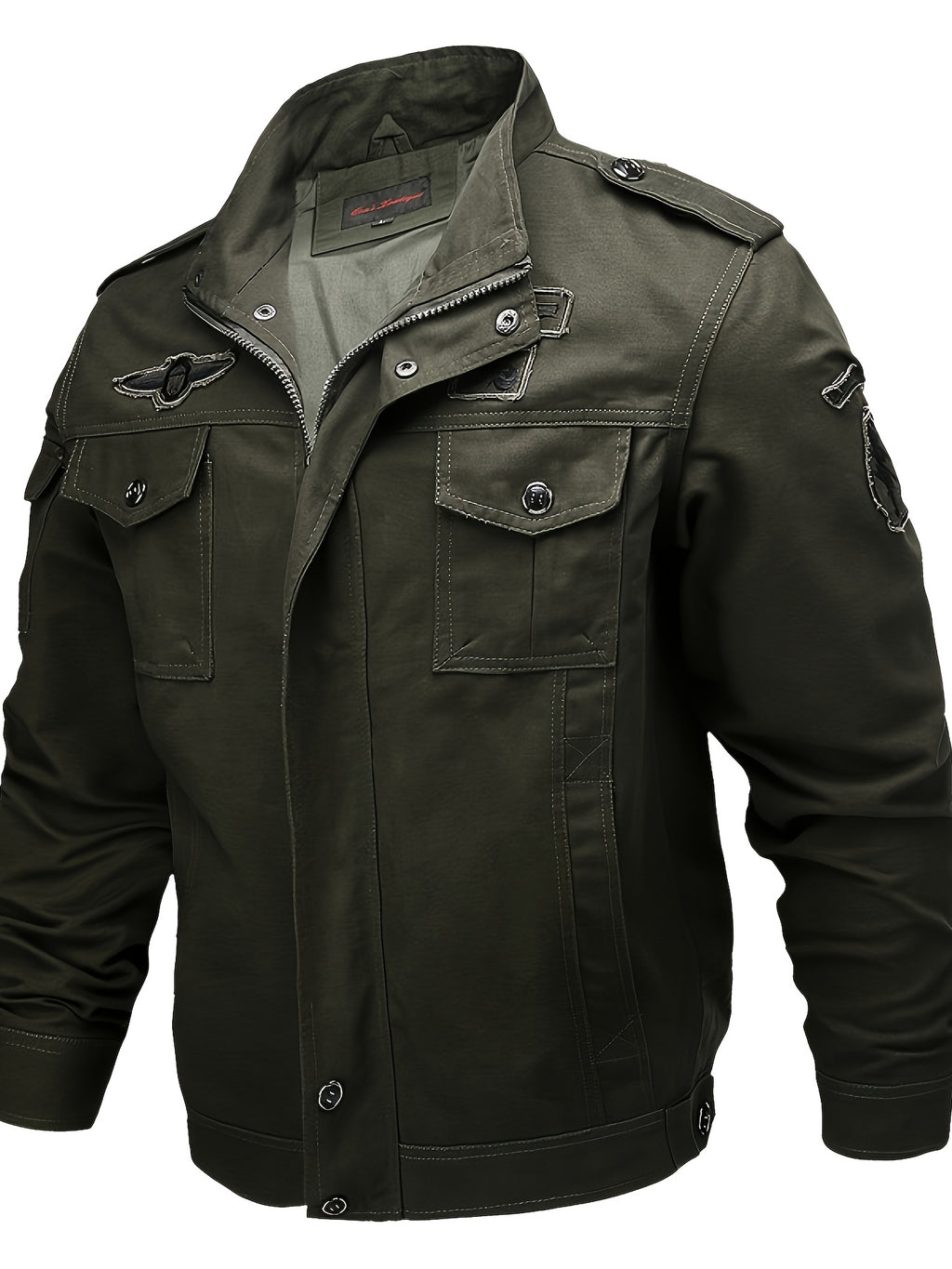 Men'S Vintage Cargo Bomber Jacket, Multi-Pocket Embroidered Stand Collar Autumn Winter Casual Coat - fern green