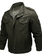 Men'S Vintage Cargo Bomber Jacket, Multi-Pocket Embroidered Stand Collar Autumn Winter Casual Coat - fern green