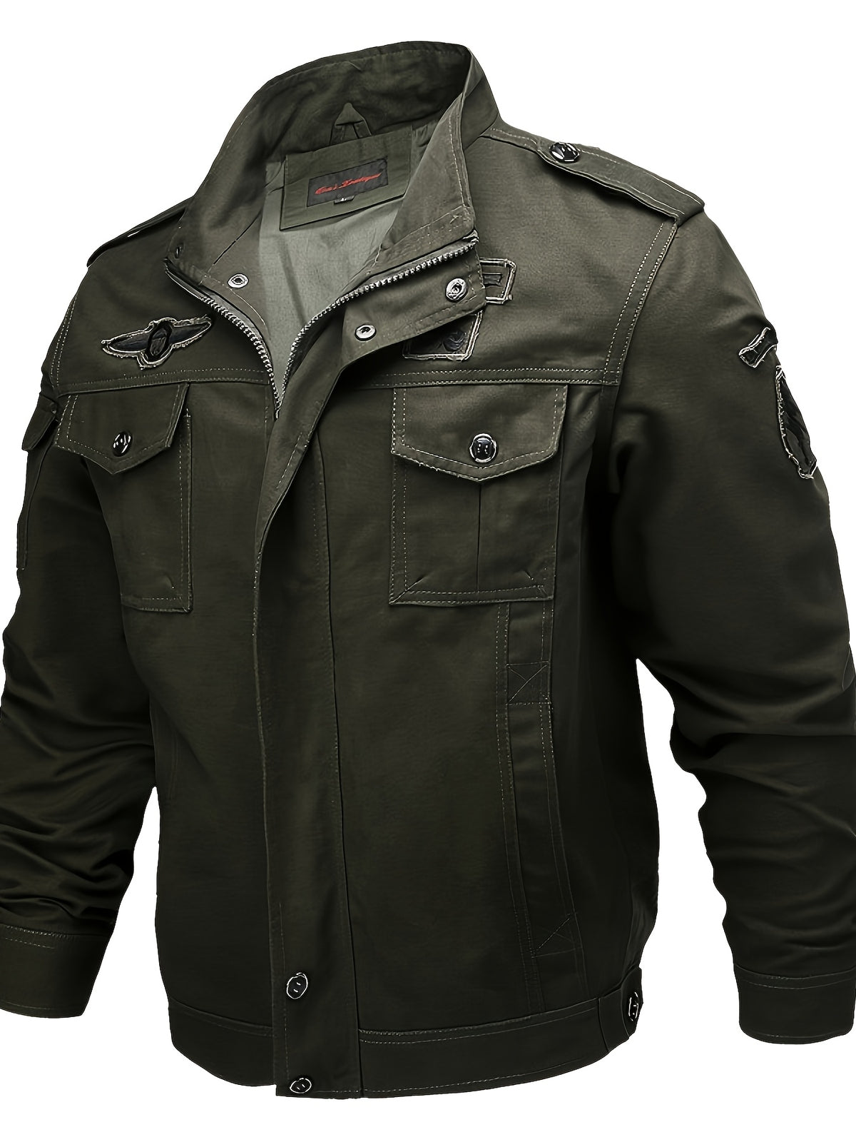 Men'S Vintage Cargo Bomber Jacket, Multi-Pocket Embroidered Stand Collar Autumn Winter Casual Coat - fern green