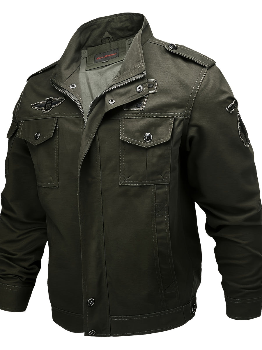 Men'S Vintage Cargo Bomber Jacket, Multi-Pocket Embroidered Stand Collar Autumn Winter Casual Coat - fern green