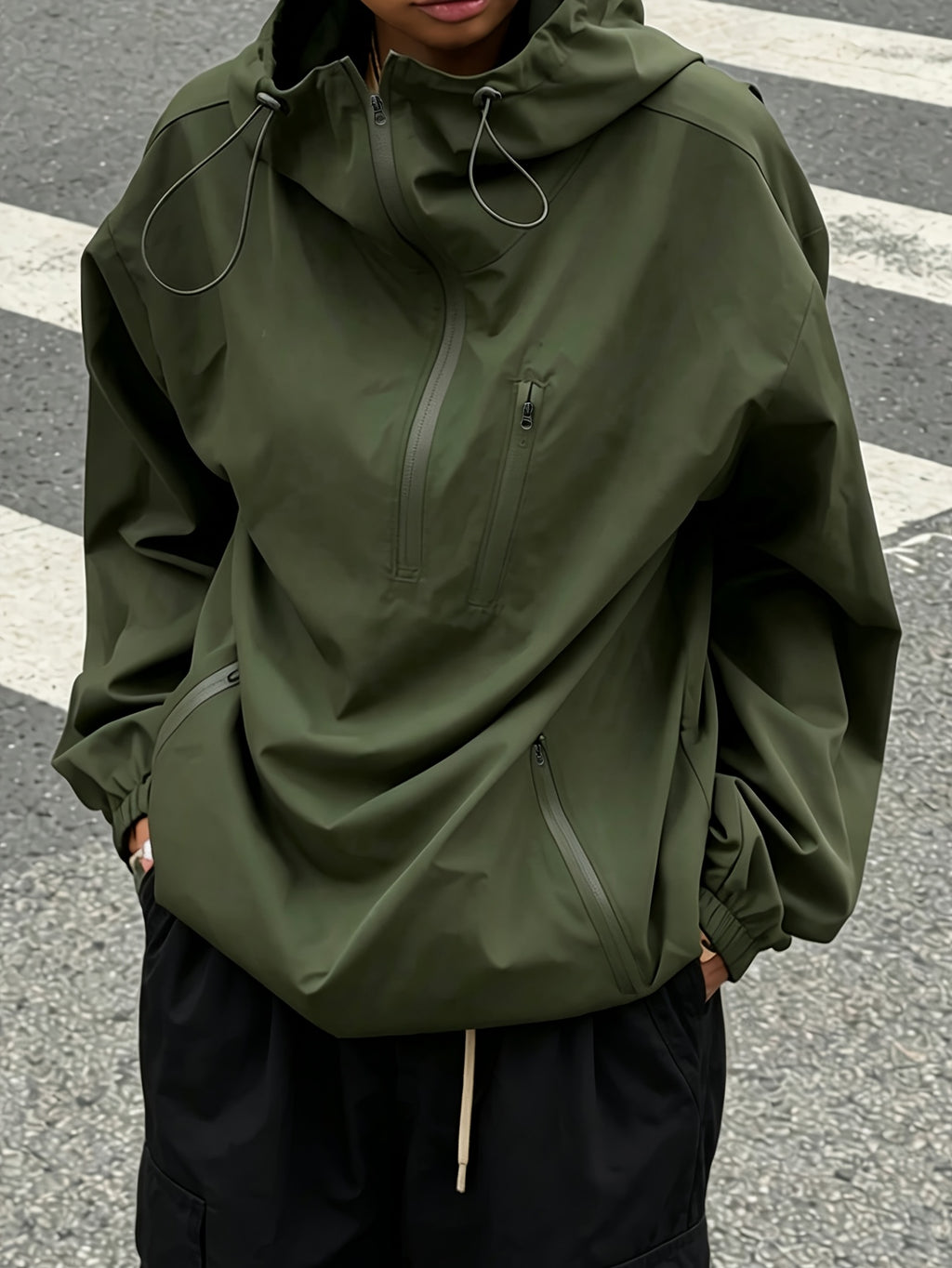 American Retro Half-Zipper Hooded Pullover Outdoor Work Jacket Women'S Spring Loose Design Pullover Jacket Casual Versatile Top - Olive Green